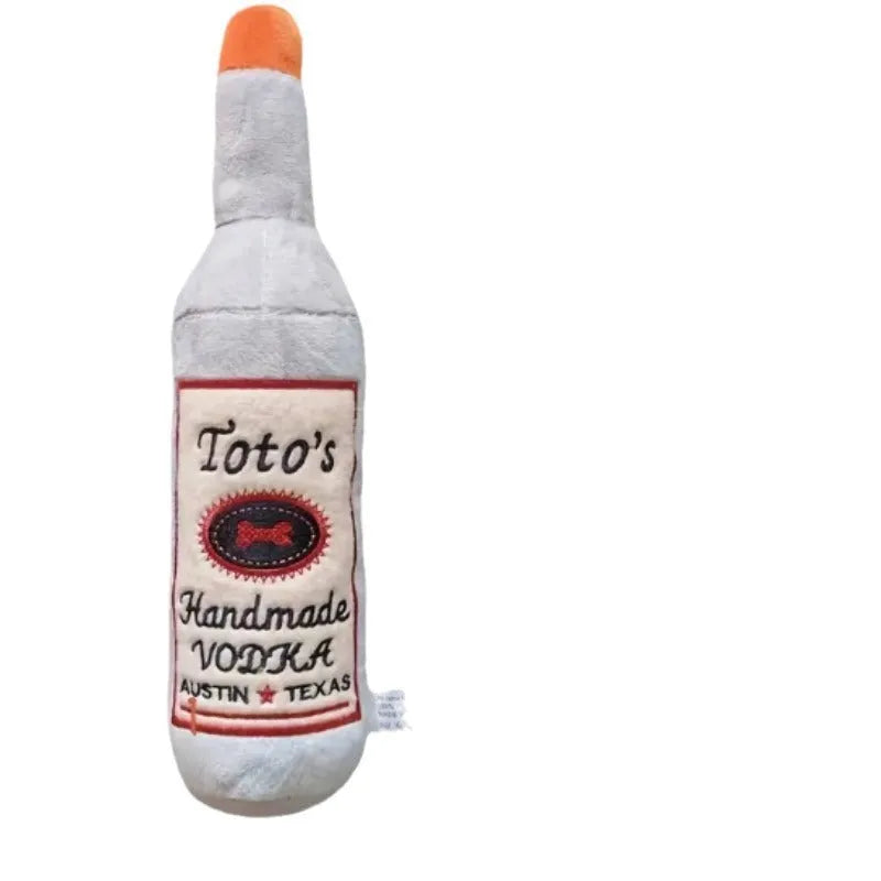 Brown wine bottle shaped plush dog toy with squeaker inside for chewing and dental cleaning
