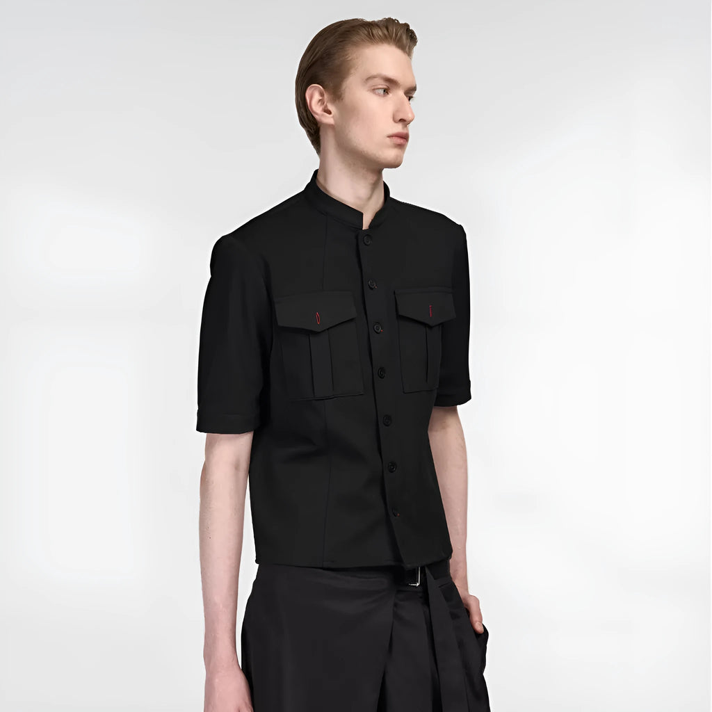 Handmade black half sleeve hunting shirt with shirt collar and single-breasted placket, loose fit design