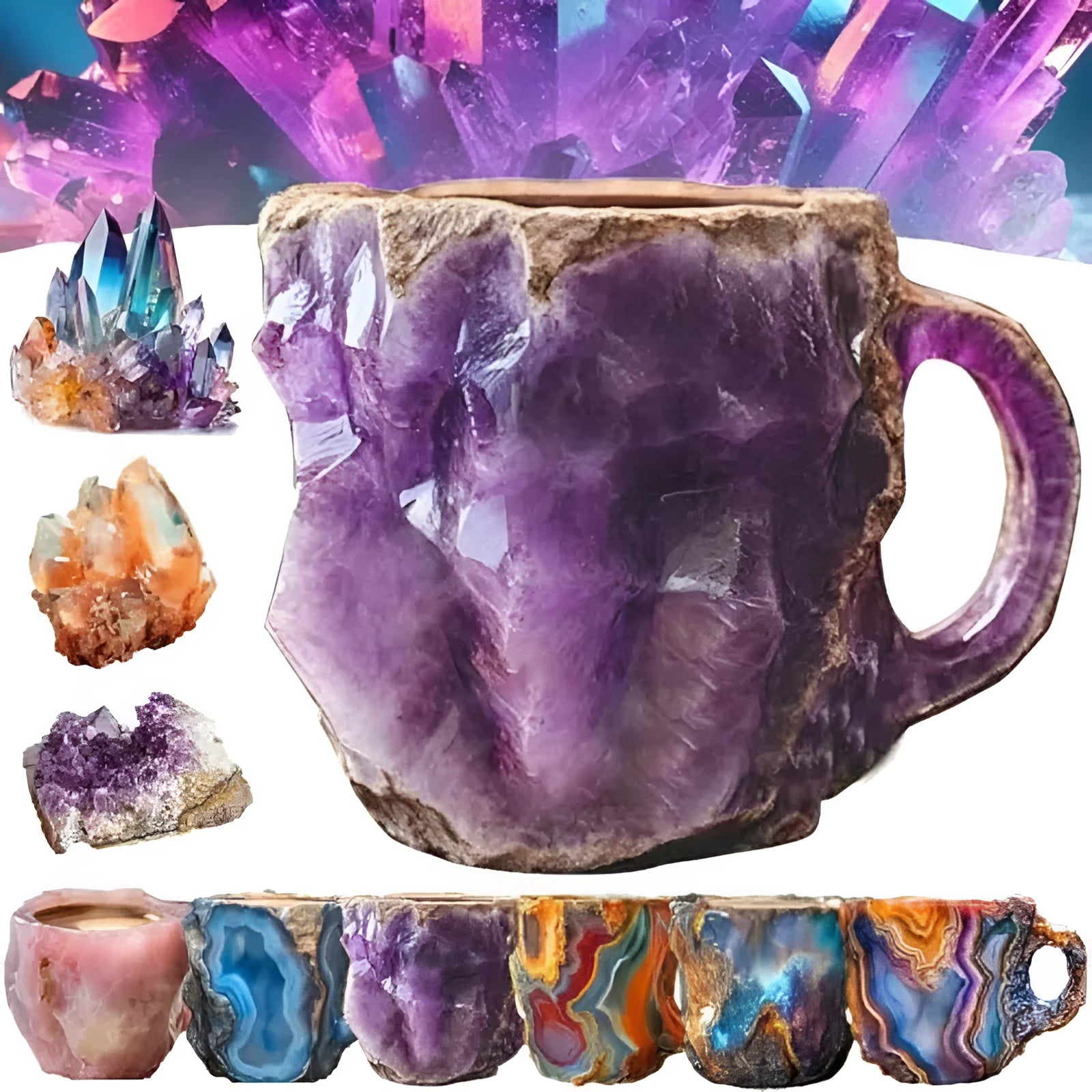 Purple resin coffee mug with handle showing crystal-like transparency on a table.