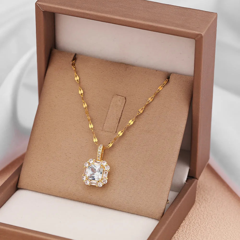 Gold titanium steel clavicle necklace with geometric zircon pendant on water wave chain