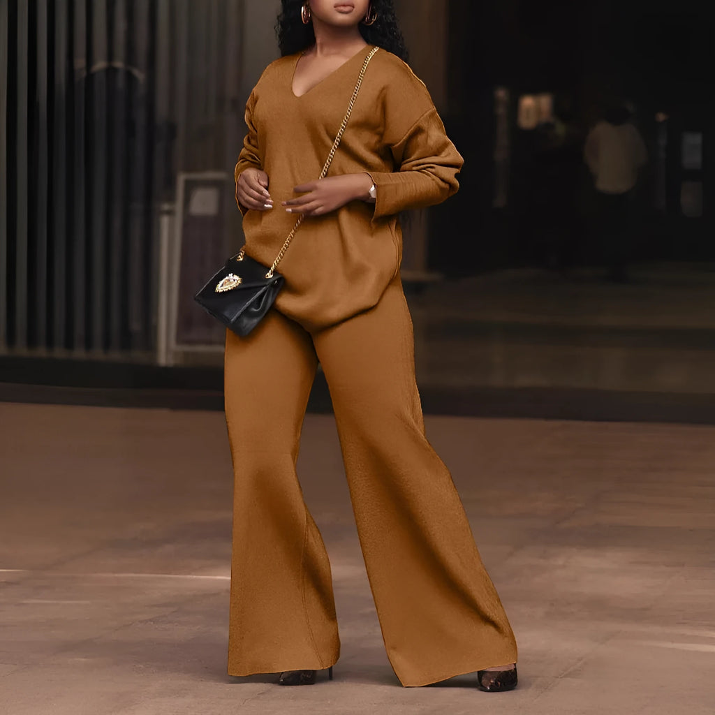 Women's brown thickened suede two-piece suit with long sleeves and trousers