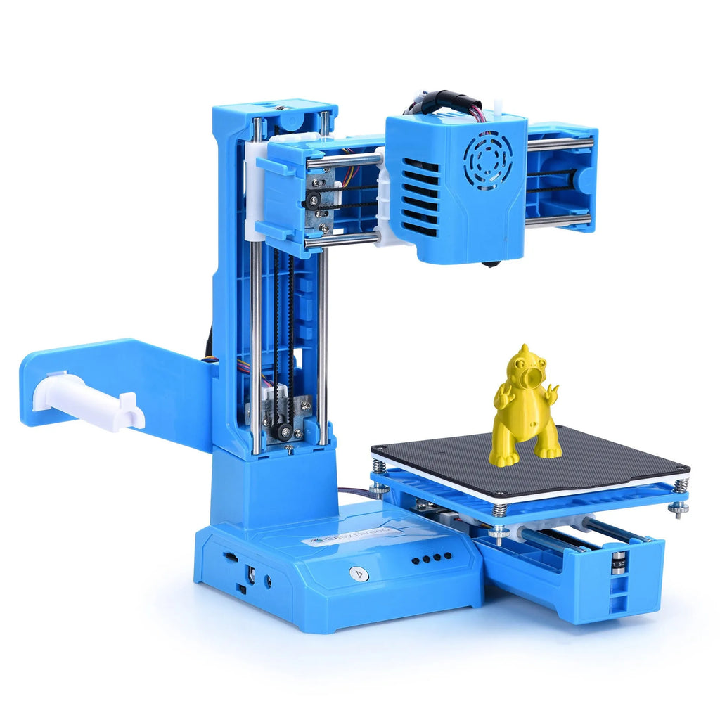 K9 mini desktop 3D printer with compact build chamber, shown in black and blue colour options.