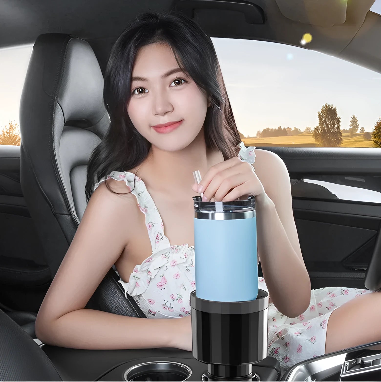 Matte black ABS car cup holder expander for oversized bottles with twist adjustment mechanism