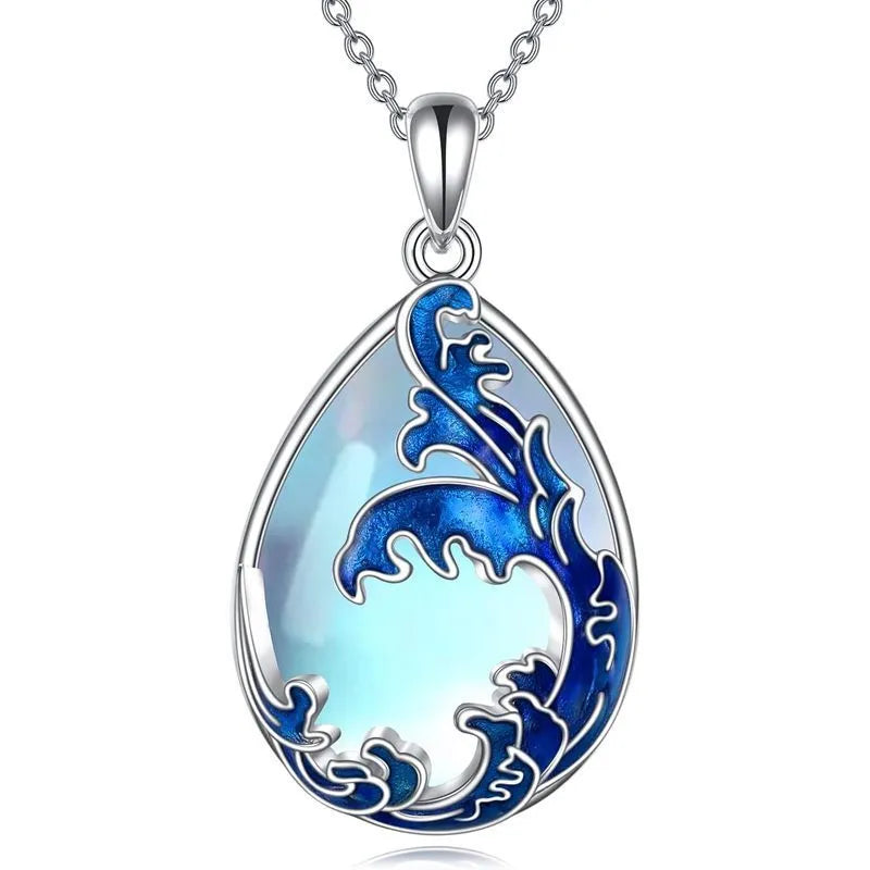 Blue alloy pendant necklace with heart design elements on a metal chain