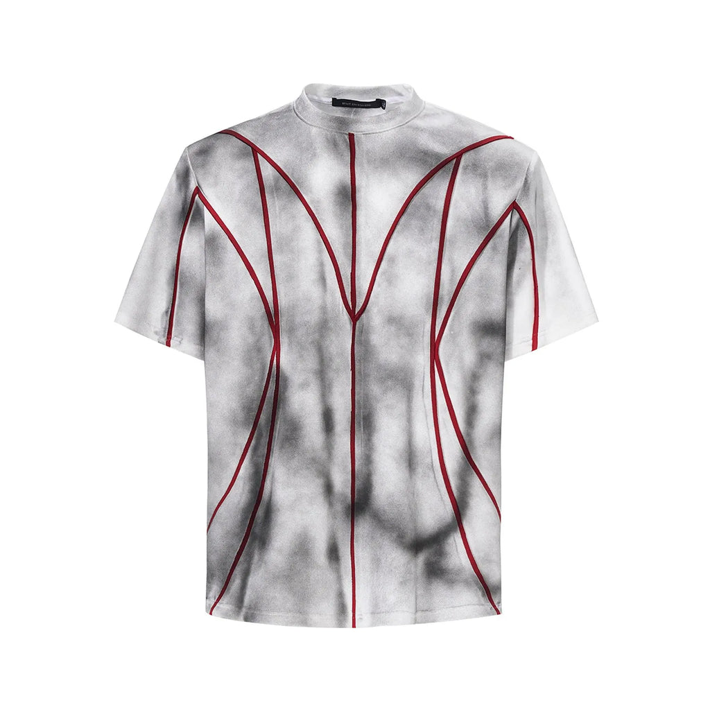 Women's short sleeve t-shirt with padded shoulders and three-dimensional line patchwork design on a round neck.