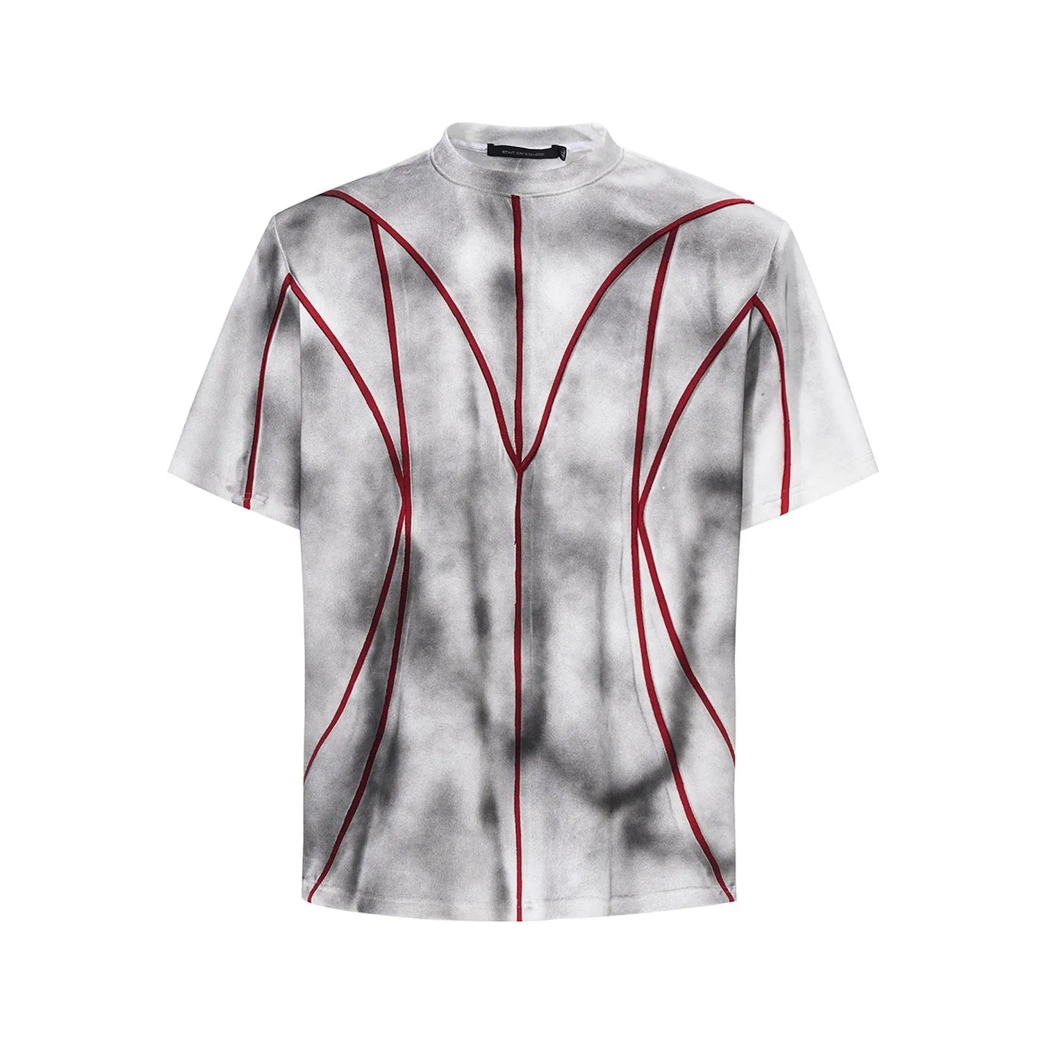 Women's short sleeve t-shirt with padded shoulders and three-dimensional line patchwork design on a round neck.