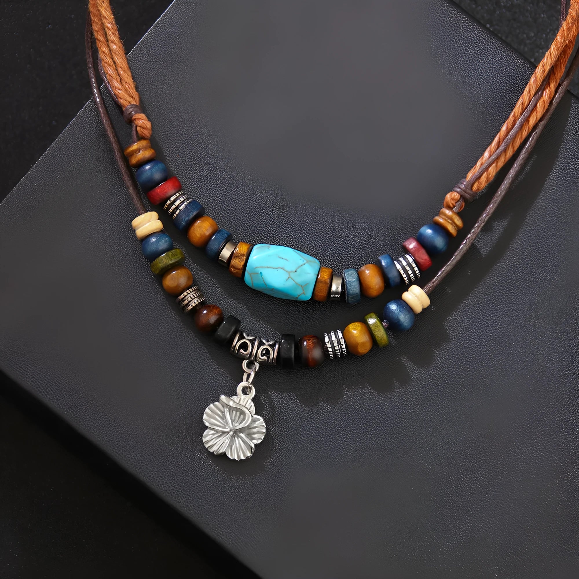 Men's geometric alloy pendant necklace with wooden beads and turquoise wax rope chain