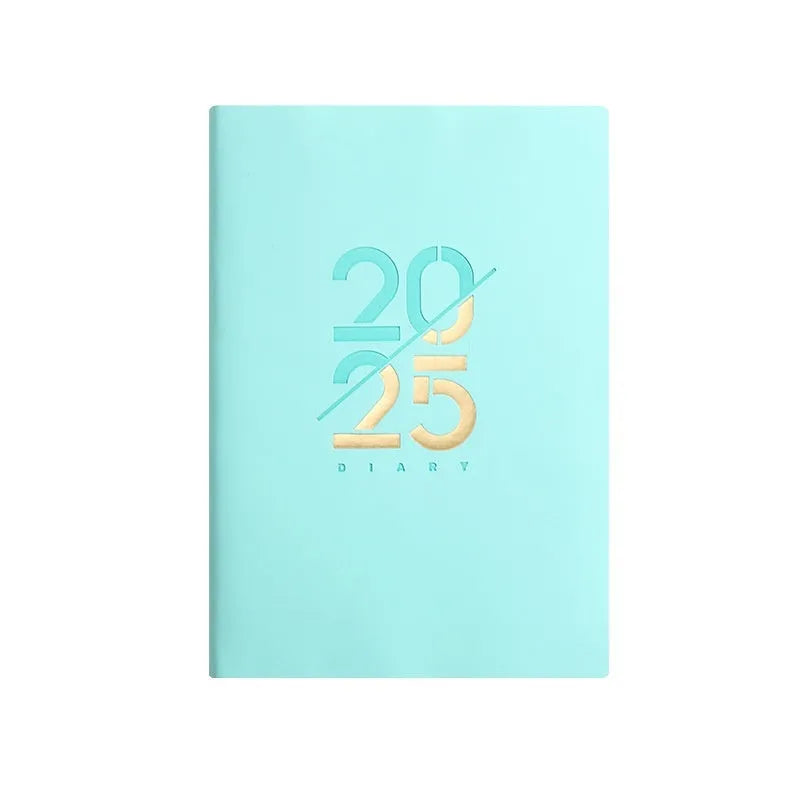 Soft leather A5 daily plan schedule book 2025 with faux leather cover open showing Dorian paper pages