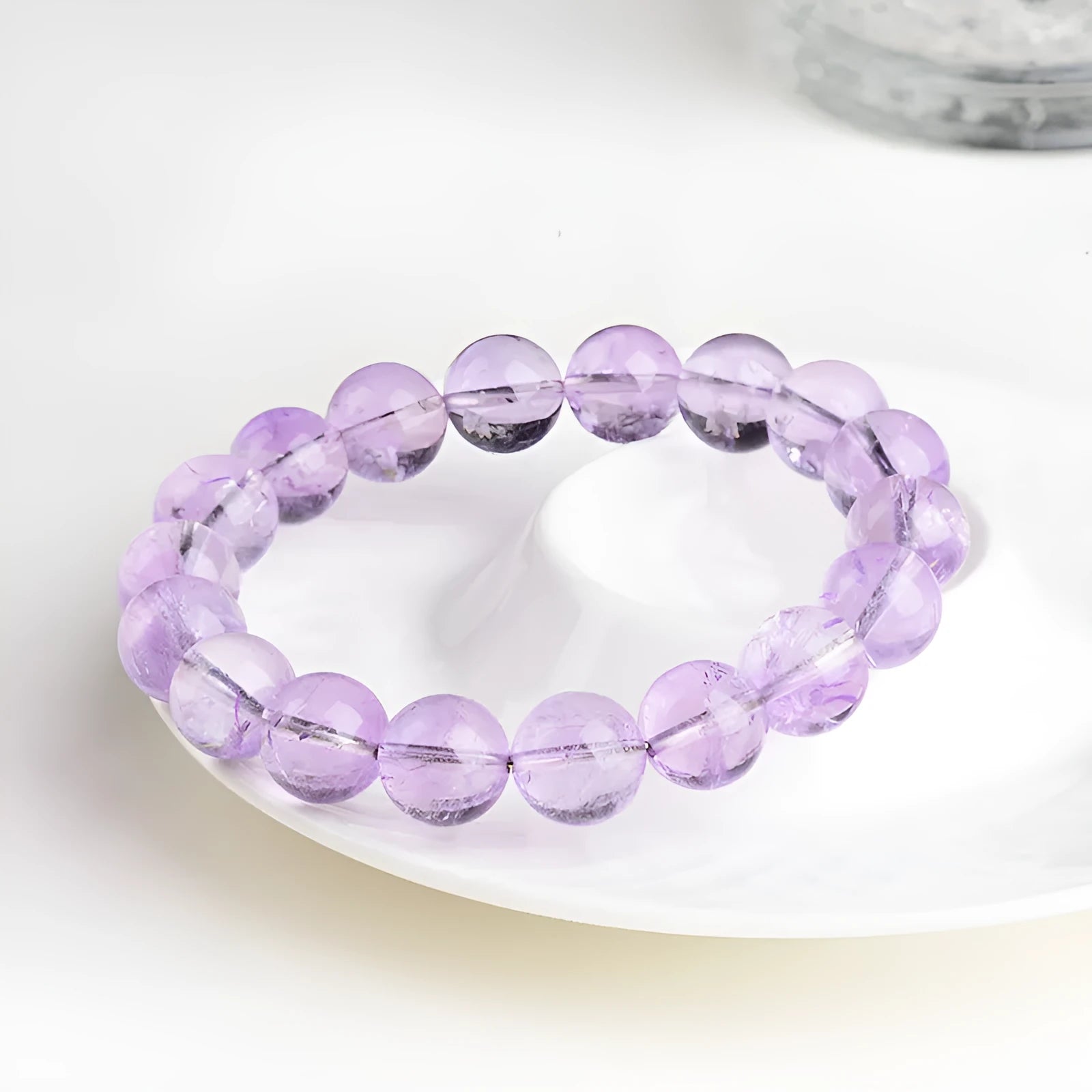 Lavender amethyst bracelet with water ripple design on round beads in multiple size options