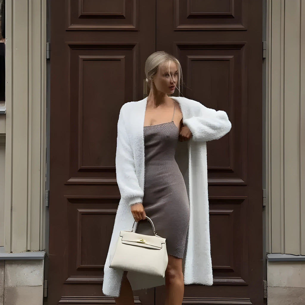 White knitted cardigan jacket with extended length and regular sleeves