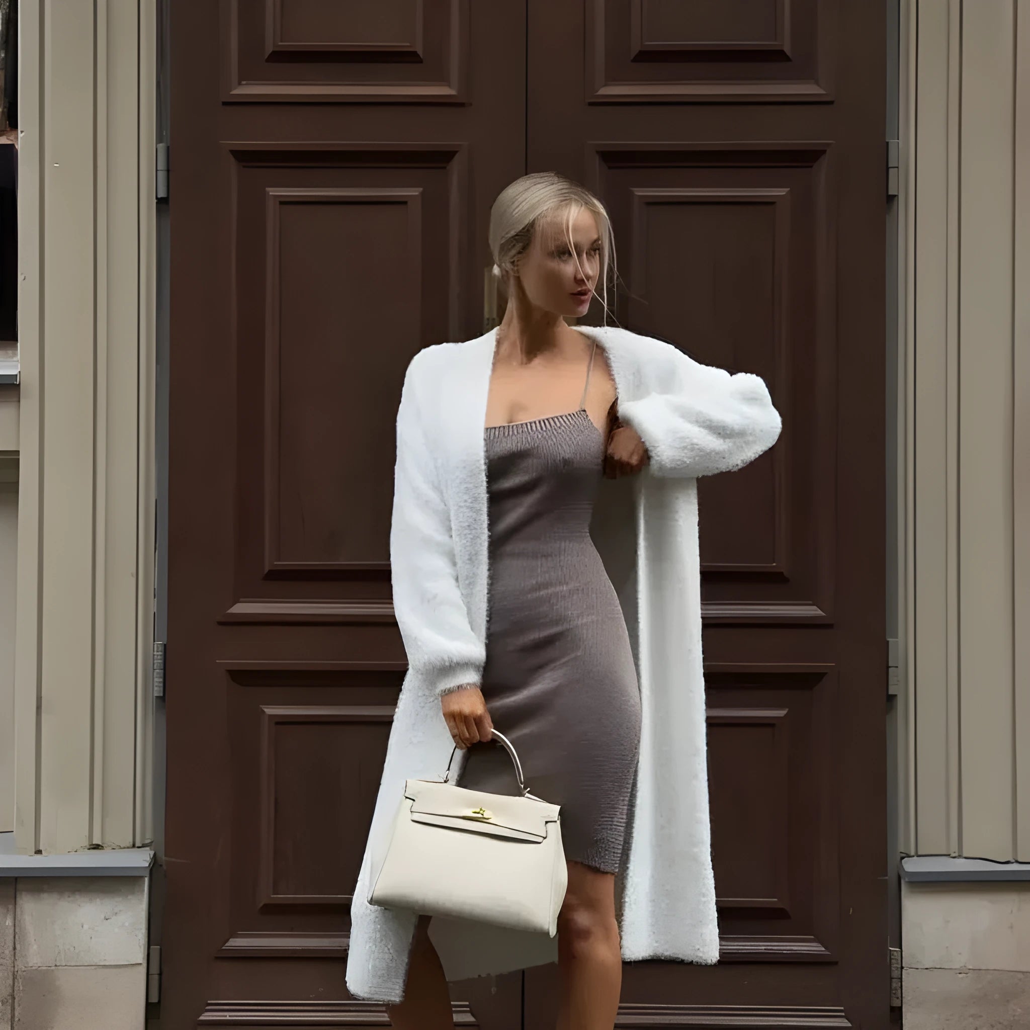 White knitted cardigan jacket with extended length and regular sleeves