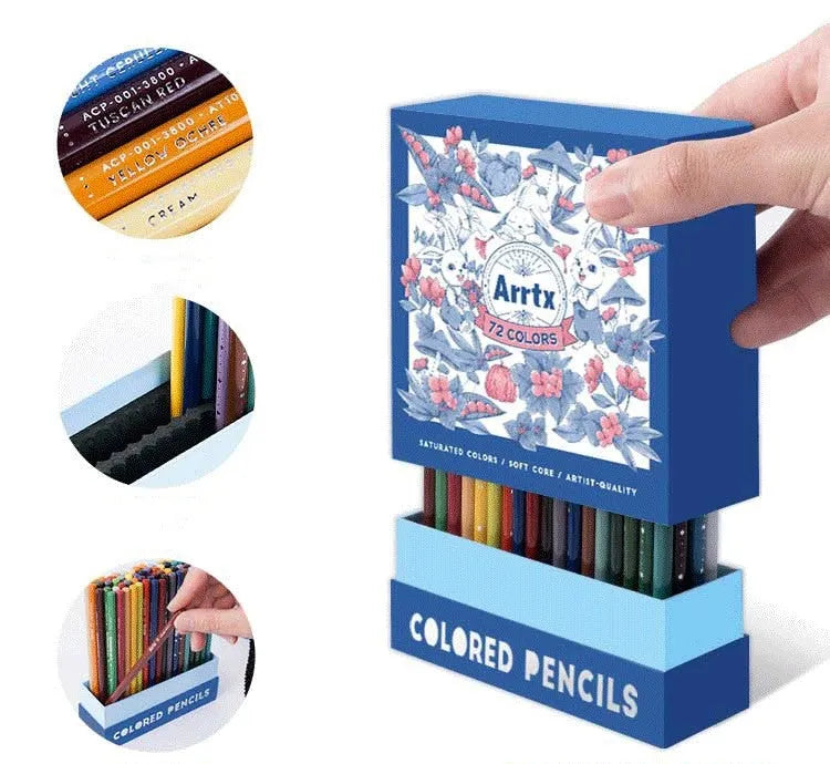 Boxed set of 72 coloured pencils with basswood barrels for art students.