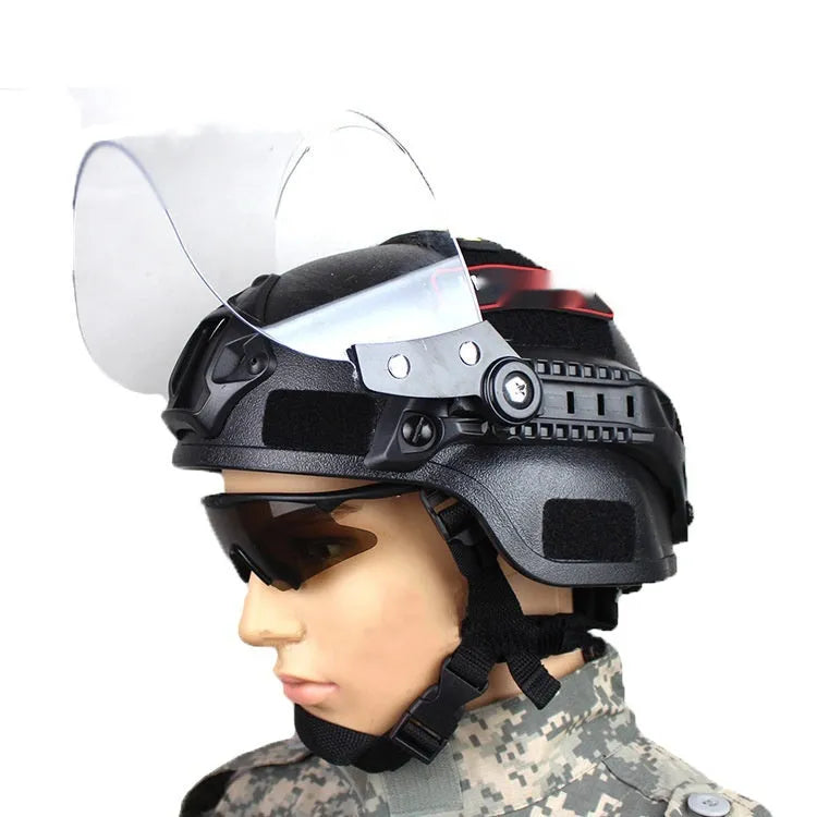 Transparent anti-riot tactical helmet with explosion-proof mask in black, green, sand or grey colours