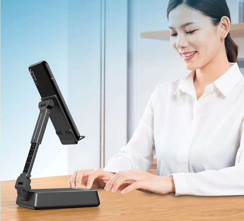 Black Bluetooth speaker phone stand with microphone for live streaming, showing phone holder and charging port