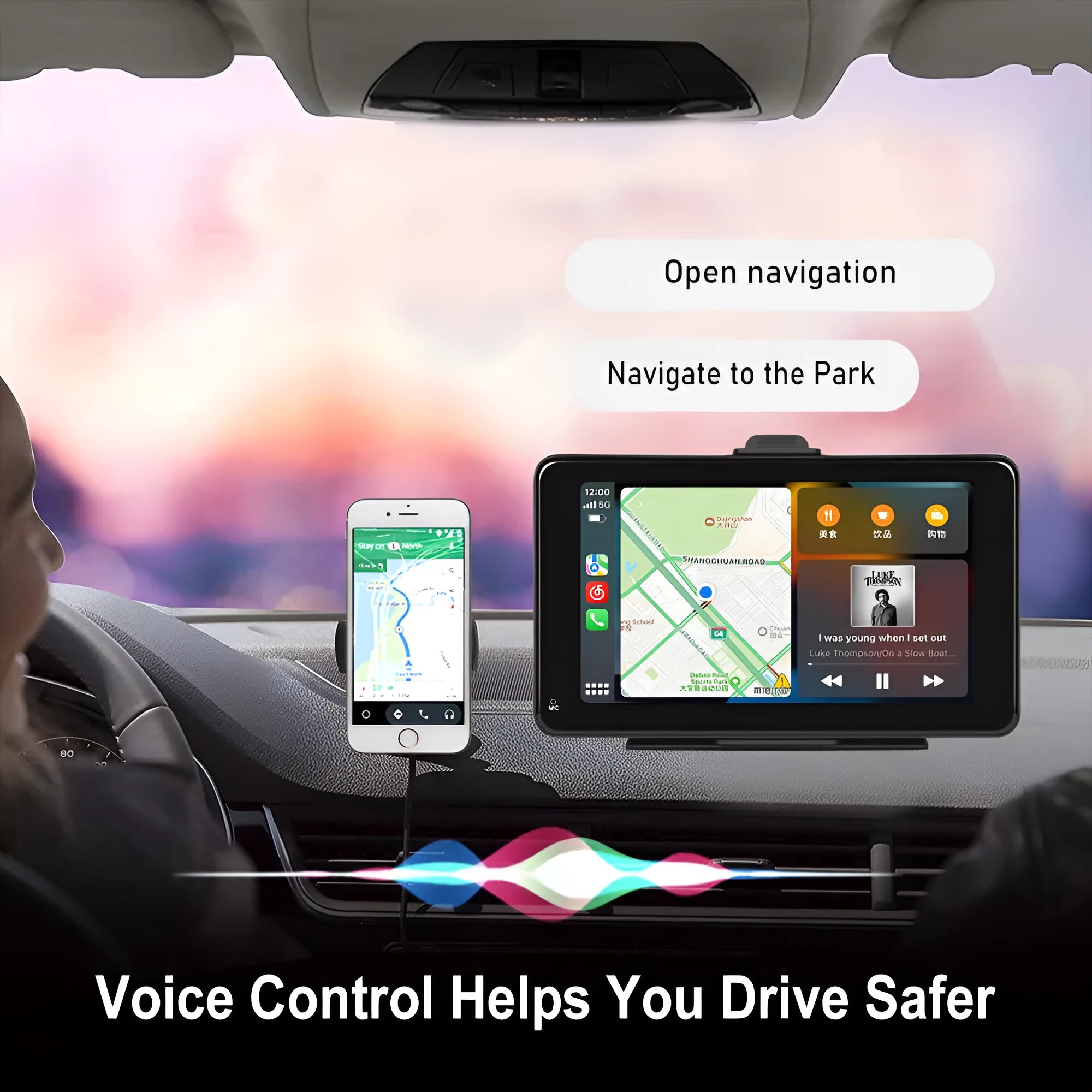 7-inch HD wired band video player with universal support mounts and cigarette lighter plug for car use.