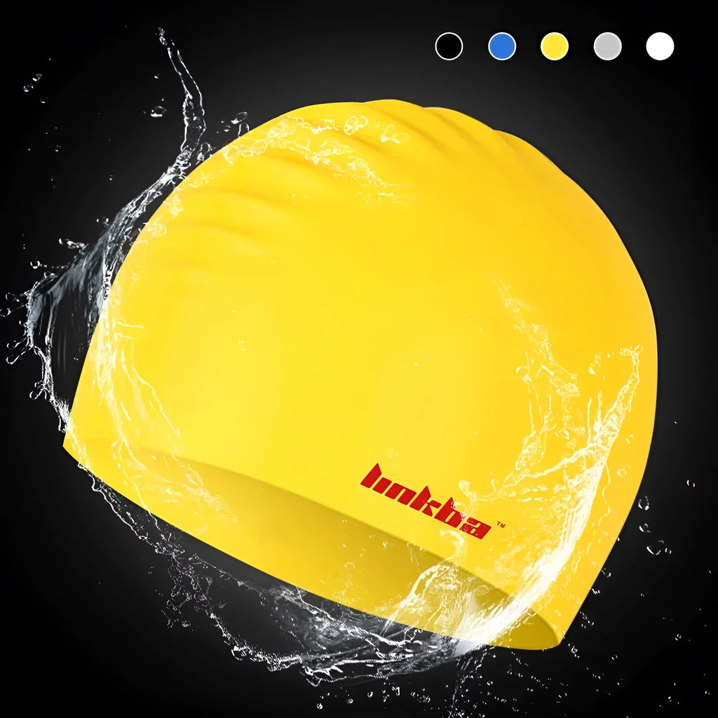 Silicone swimming cap with integrated earmuffs available in five colours with letters pattern