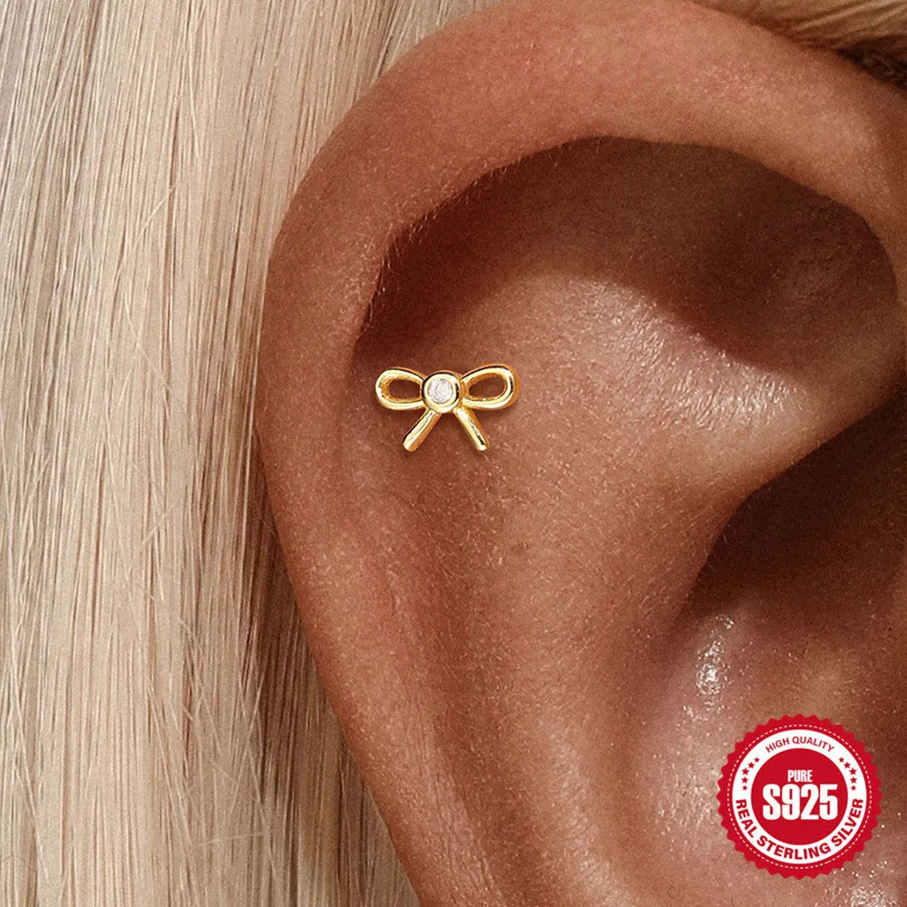 S925 sterling silver bow pendant ear bone stud bracelet necklace jewellery set with gold electroplated finish on O-shaped chain