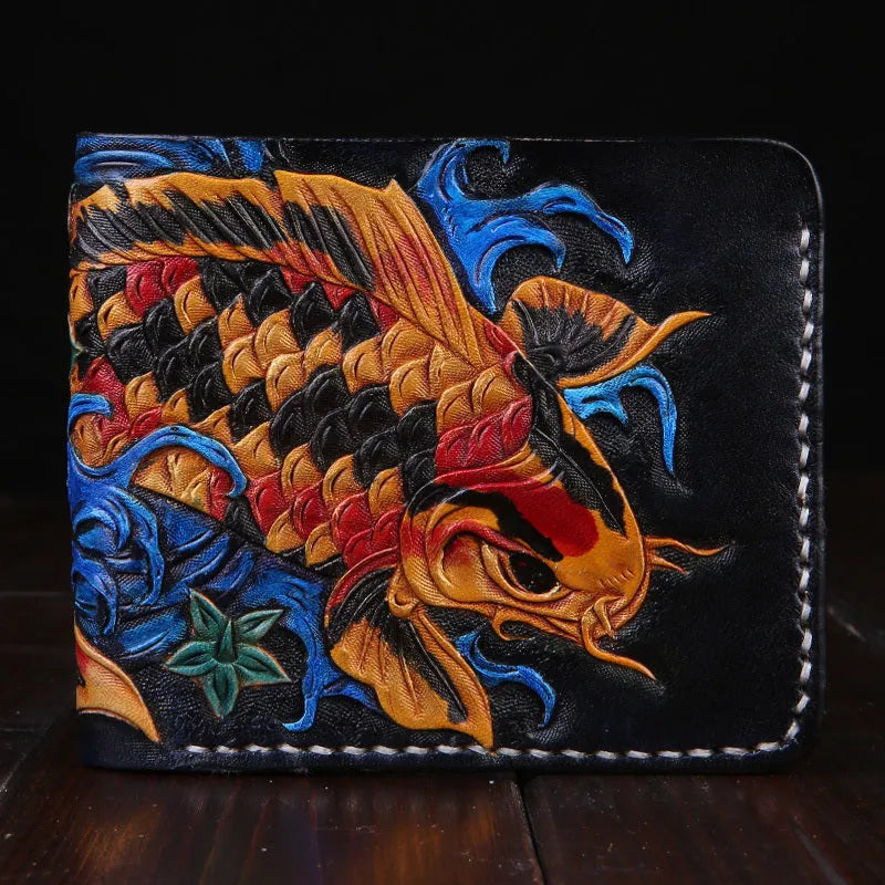 Men's carved cow leather short wallet in red, shown open, with dimensions 10cm by 12cm.