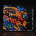 Men's carved cow leather short wallet in red, shown open, with dimensions 10cm by 12cm.
