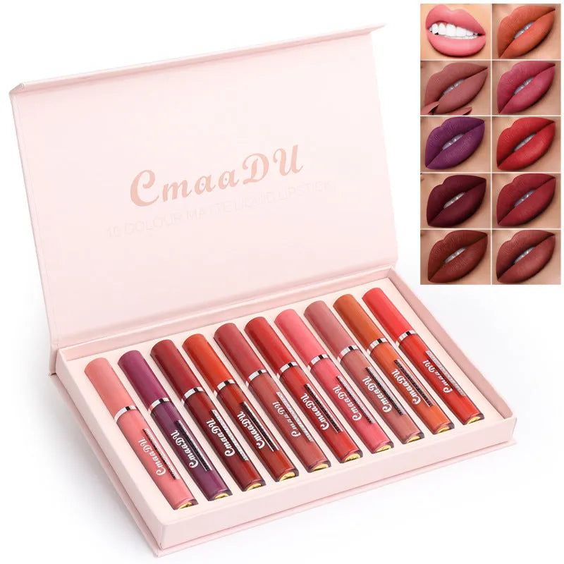 Box containing 10 women's non-stick cup waterproof matte lipsticks in assorted photo colours.
