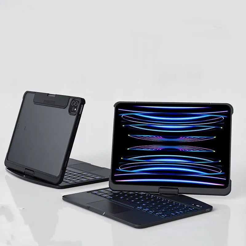 Transparent wireless keyboard protective case for iPad Pro and iPad Air models showing Bluetooth connectivity