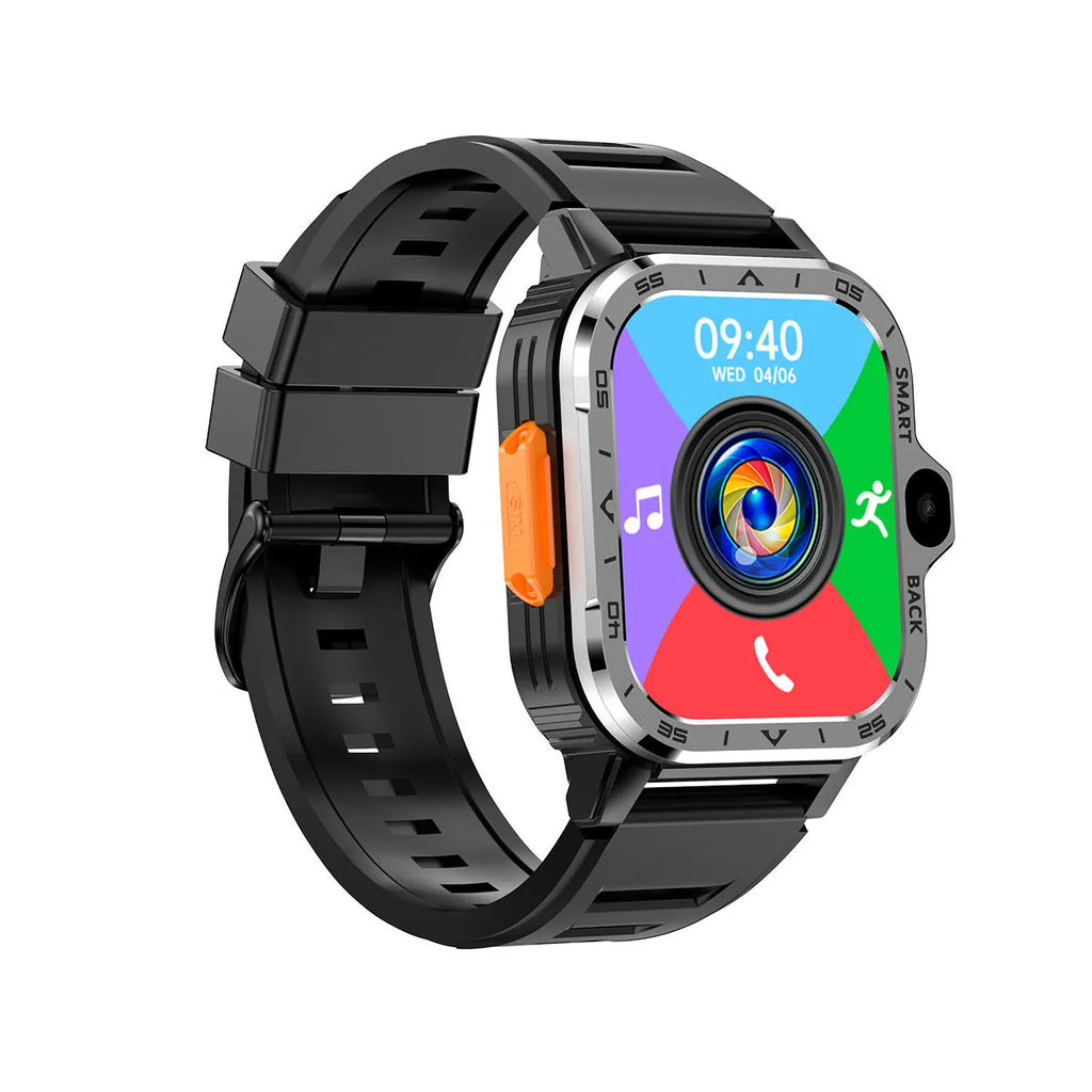 Black Android smart watch with touch screen displaying time, worn on wrist.