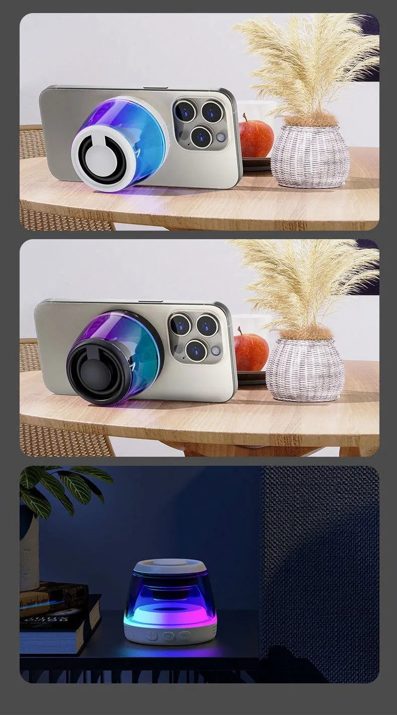 Portable wireless Bluetooth speaker with LED light and magnetic base in black or white