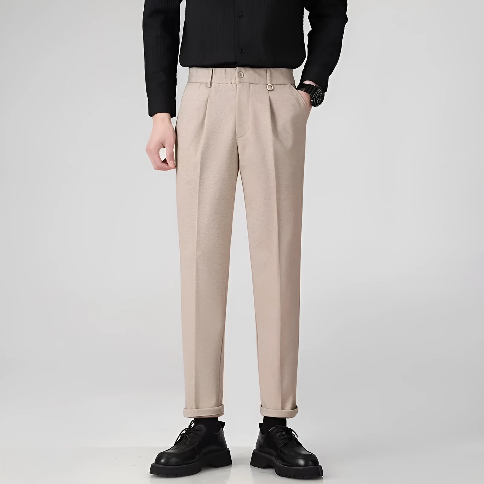 Men's straight-leg drape style suit trousers in four colour options