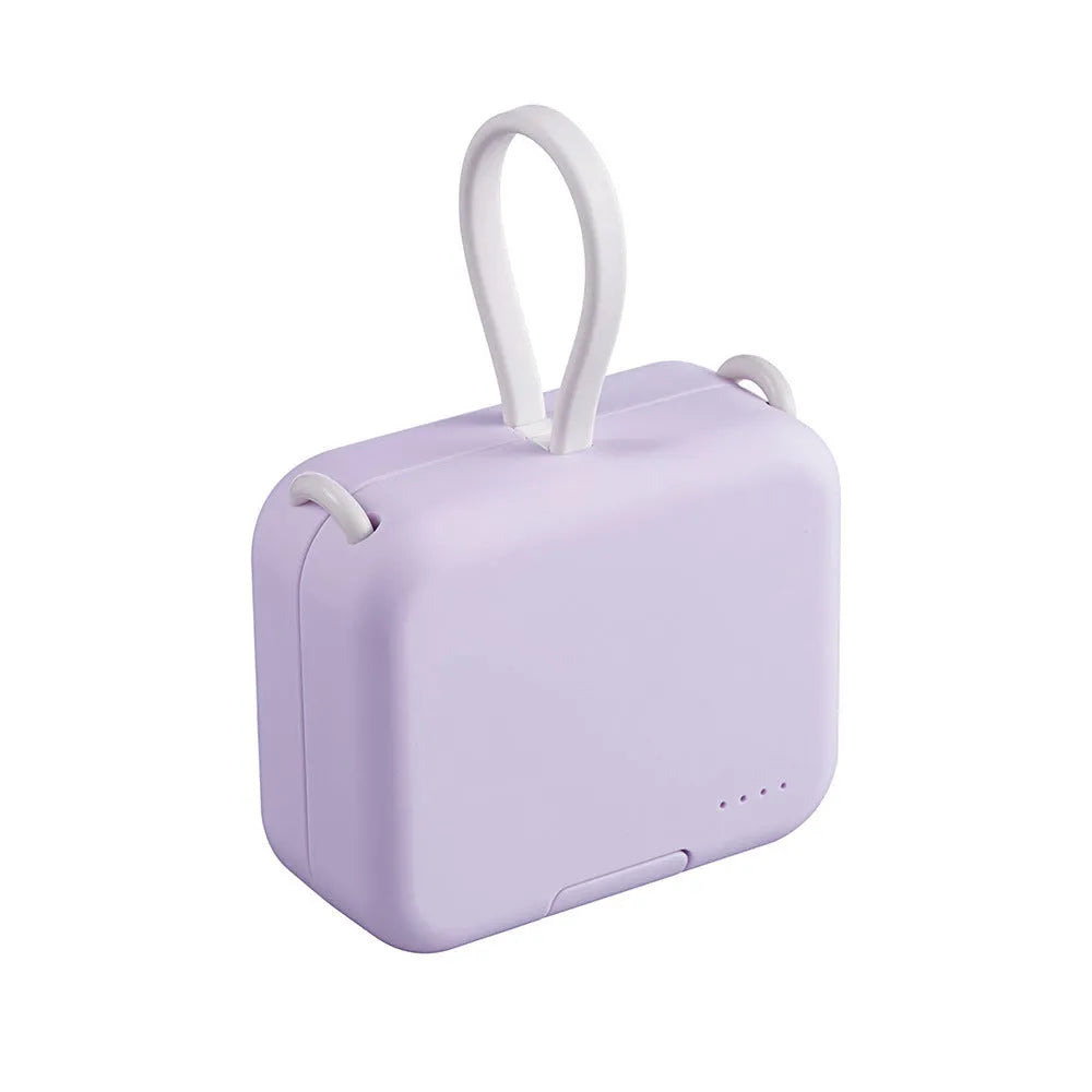 Red multi-function bracket mobile power supply showing USB-C and Lightning ports and integrated phone holder.