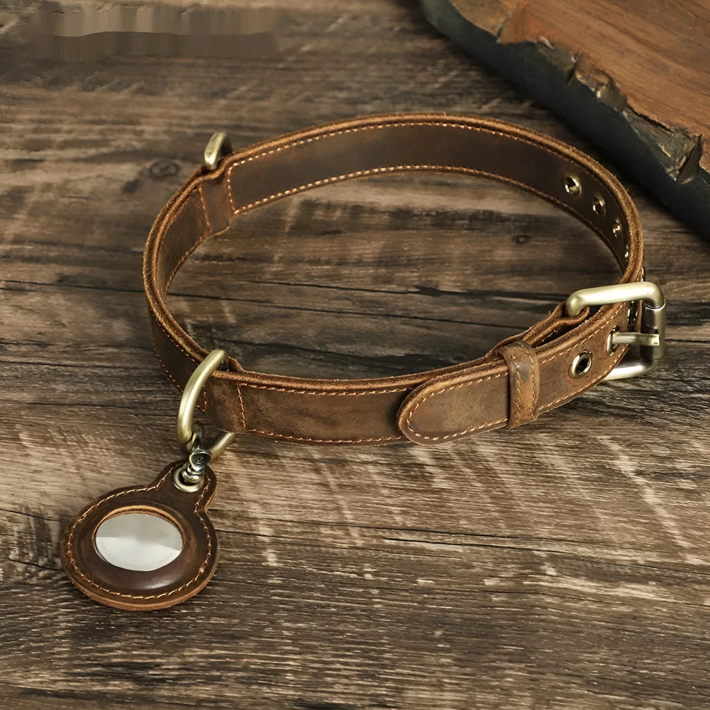 Brown handmade double-sided cowhide dog collar with retro styling for positioning and anti-lost tracking