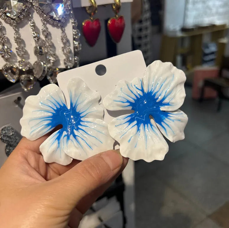 Pastoral style alloy flower stud earrings with oil-spot glaze finish in four colour options