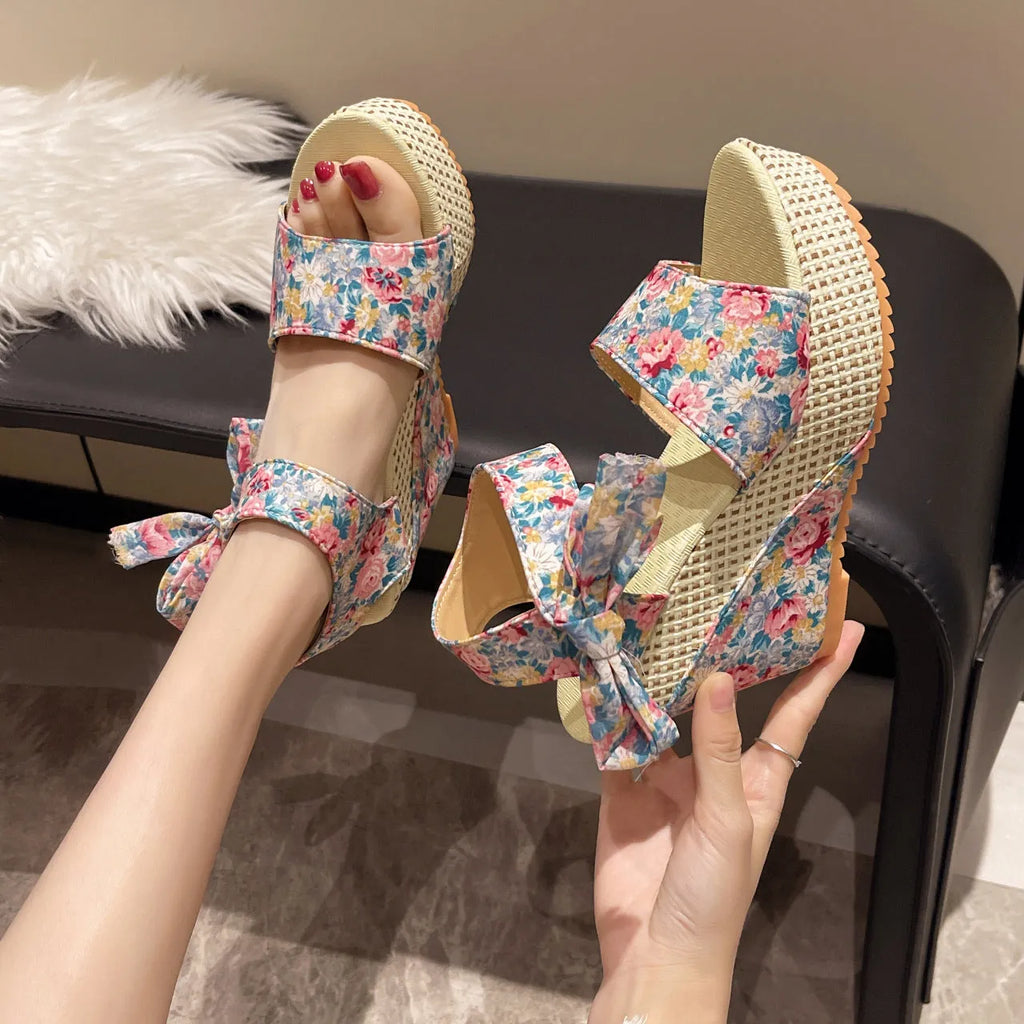 Women's floral print wedge sandals with ankle strap buckle and peep toe