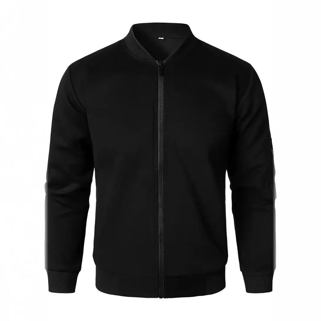 A man's loose-fit knitted jacket in a cotton blend, shown in black, blue, or grey.
