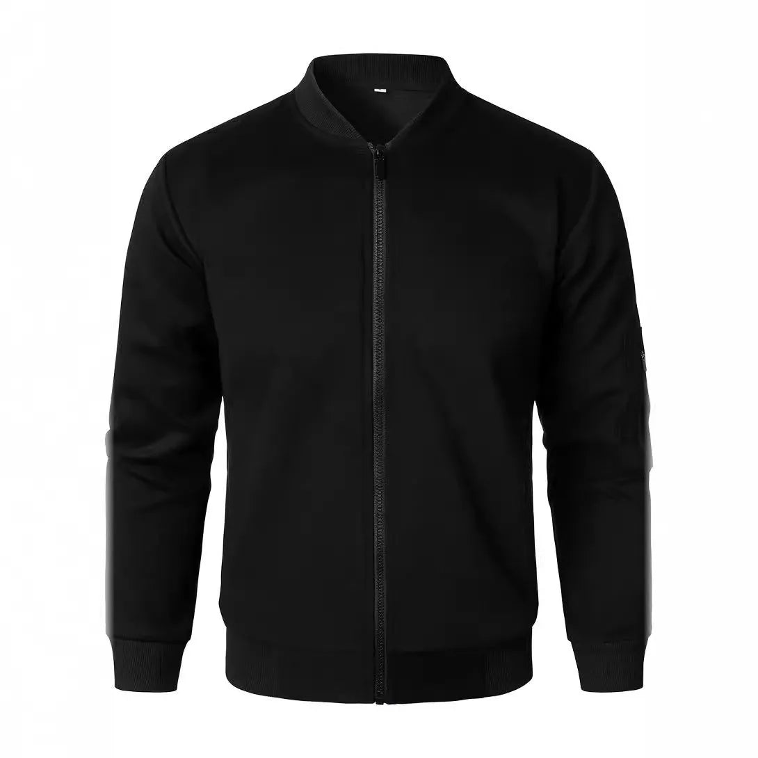 A man's loose-fit knitted jacket in a cotton blend, shown in black, blue, or grey.