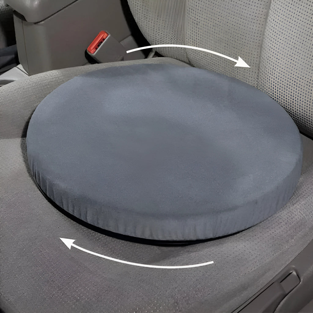 360-degree rotating car seat cushion with non-slip base for elderly mobility aid.