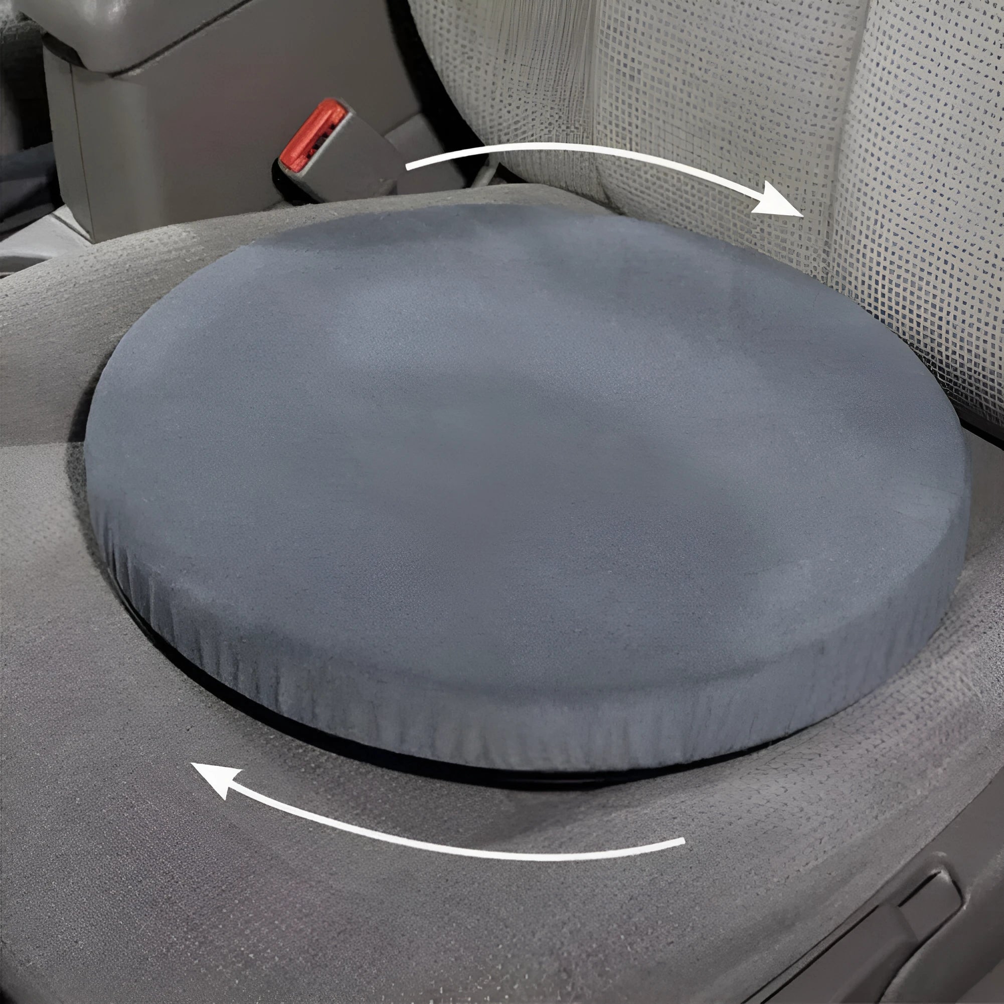 360-degree rotating car seat cushion with non-slip base for elderly mobility aid.