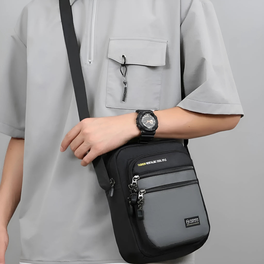 Men's solid colour nylon crossbody bag shown in green, black, dark blue, and gray options.