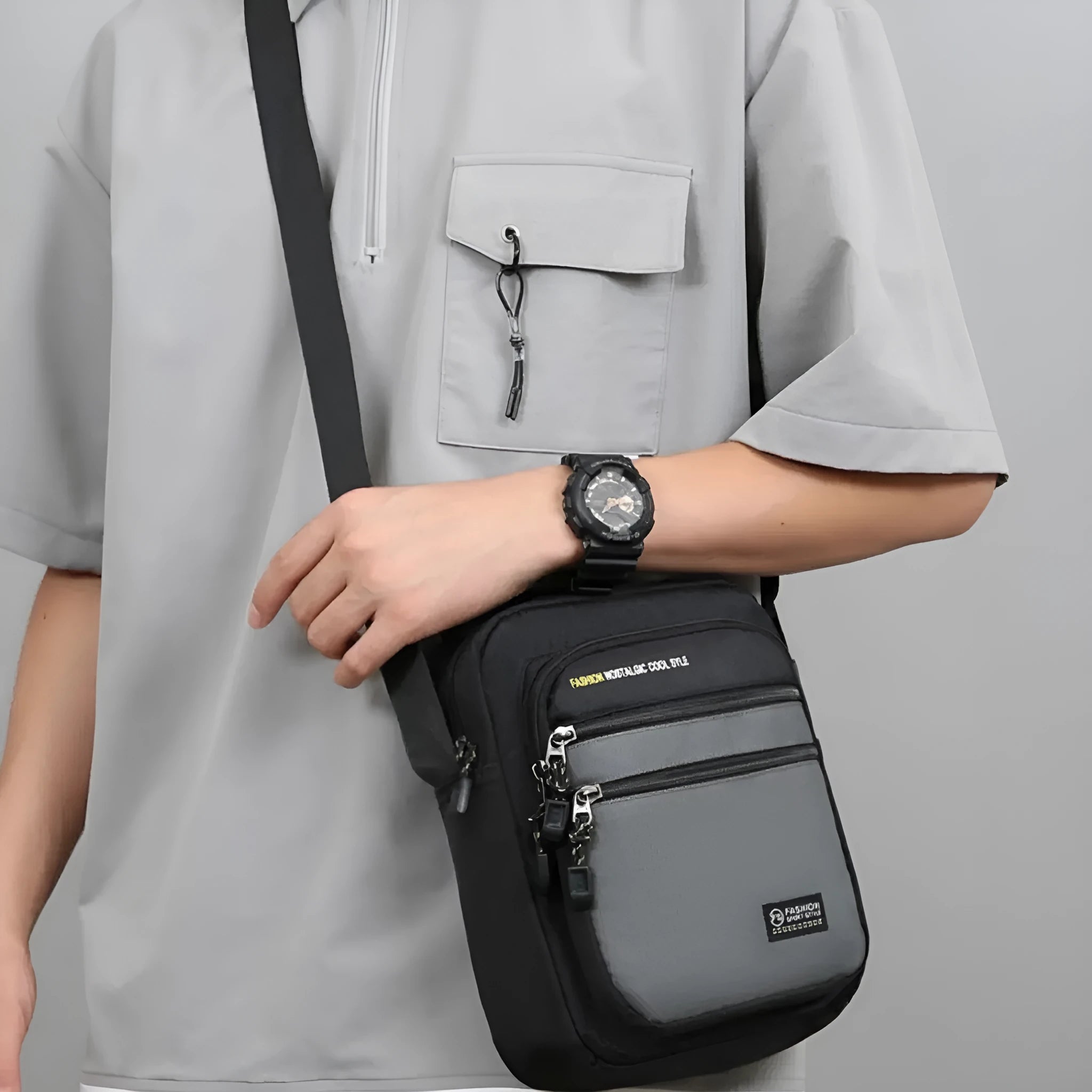 Men's solid colour nylon crossbody bag shown in green, black, dark blue, and gray options.