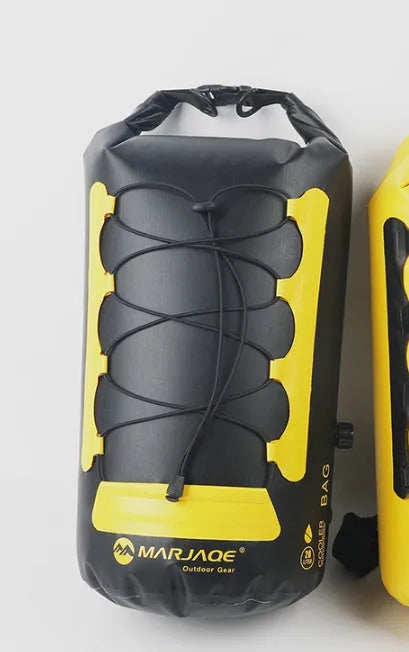 20-litre yellow and black waterproof camping backpack with dry-wet separation compartments for water sports