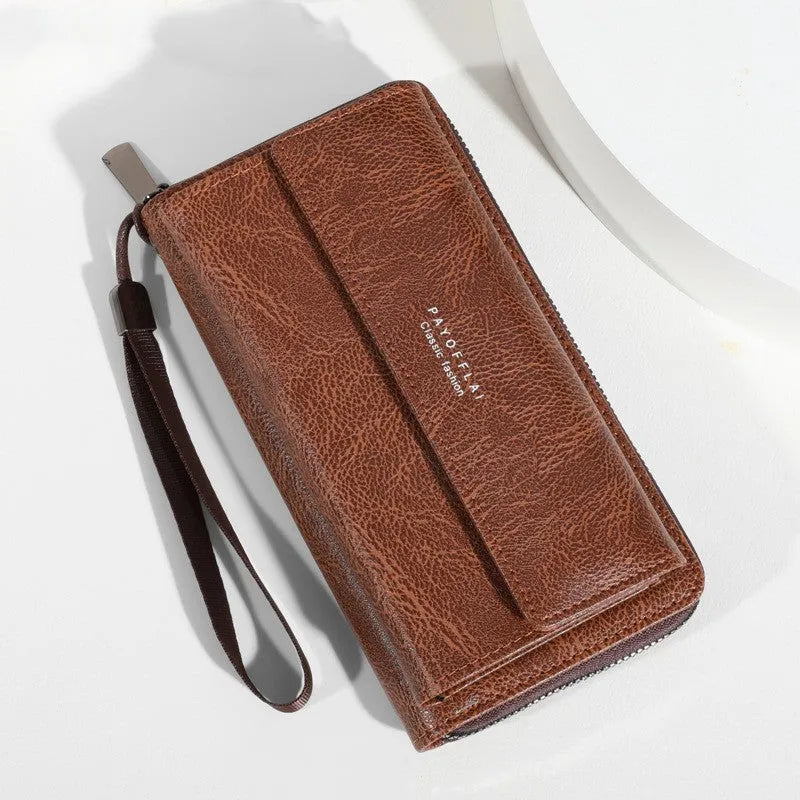 Men's long black PU leather-look wallet open to show multiple card slots.
