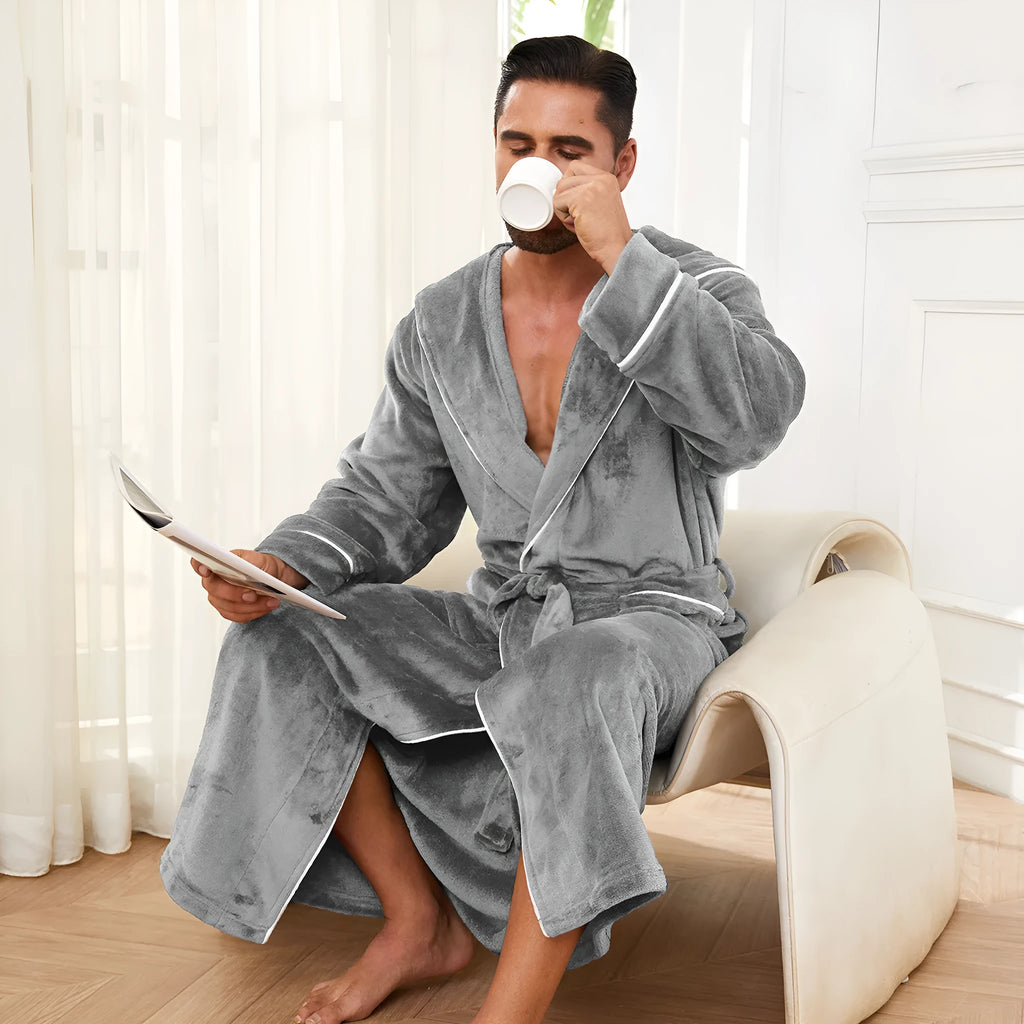 Men's flannel fleece bathrobe in light grey hanging on hook, European/American style