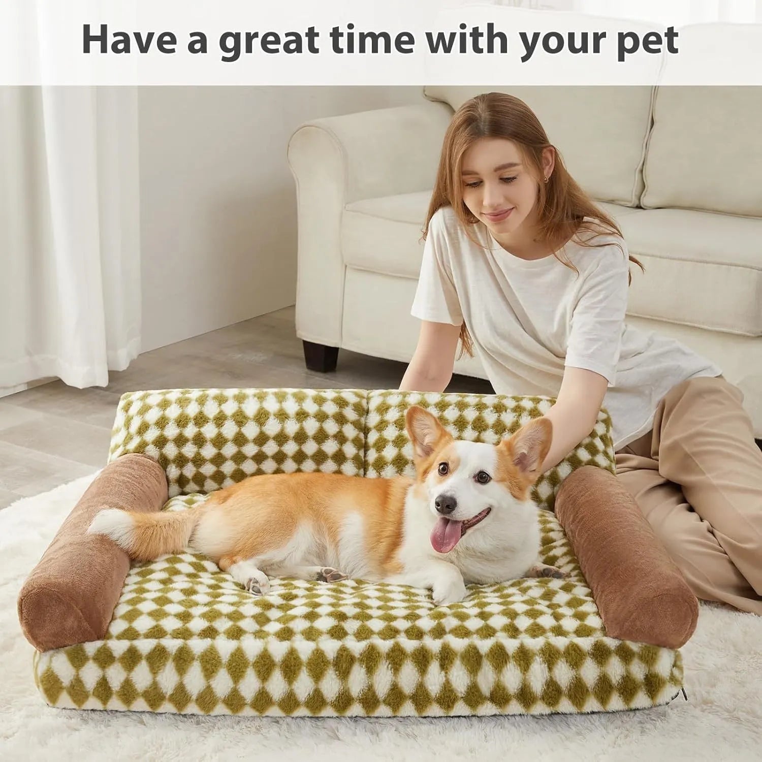 Small grey checkered pet sofa bed with a non-slip base and removable cover.