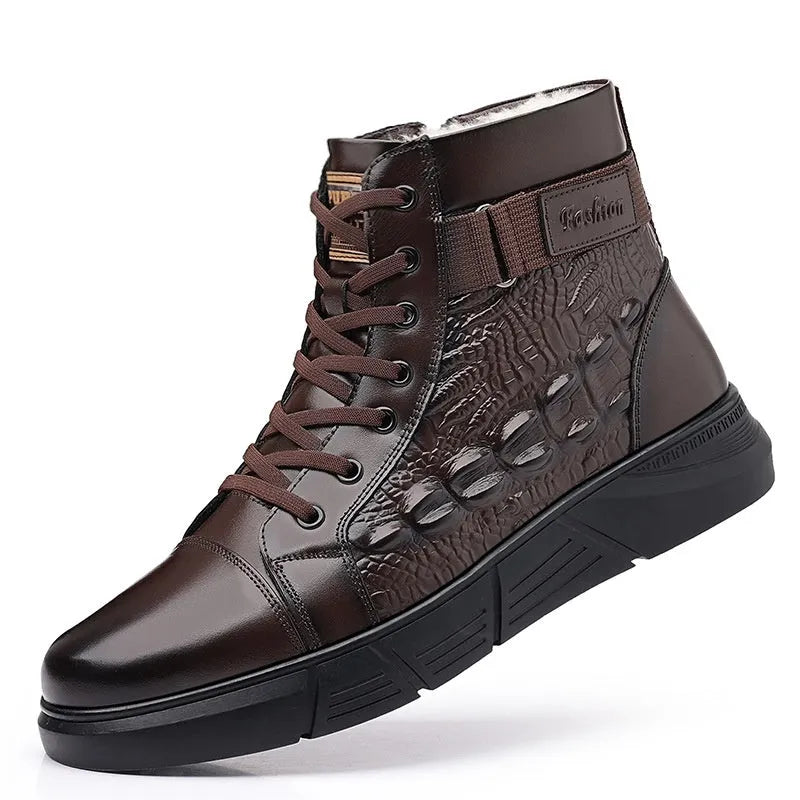 Black and brown round-toe lace-up boots with genuine leather upper, fur lining, and rubber sole.