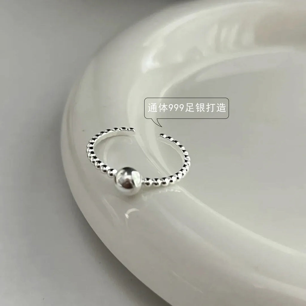 S999 pure silver round bead bean ring silver adjustable women's geometric ring polished finish