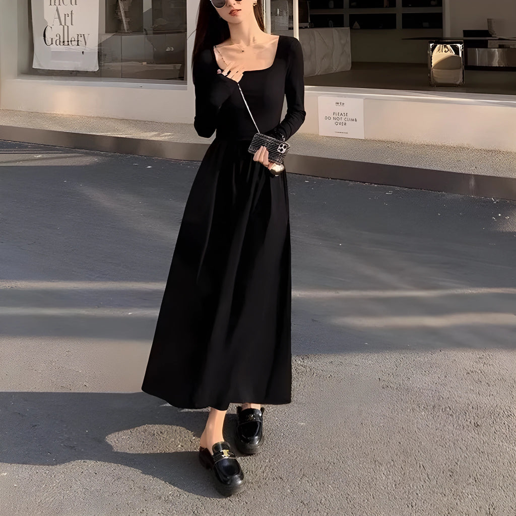 Women's black square collar knitted dress with elastic waist A-line silhouette long sleeves