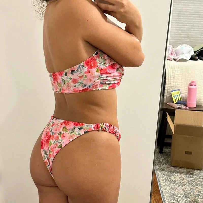 Floral print polyester bikini set with tube top and lace briefs in multiple colour options