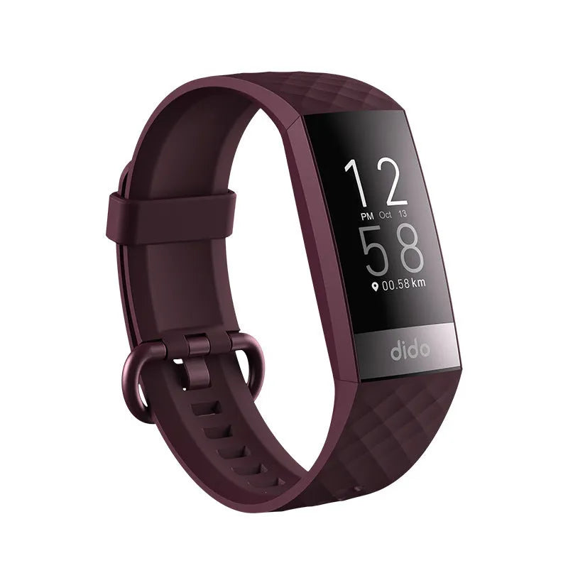 Black smart bracelet on wrist showing blood pressure and heart rate data on its 1.1-inch screen.
