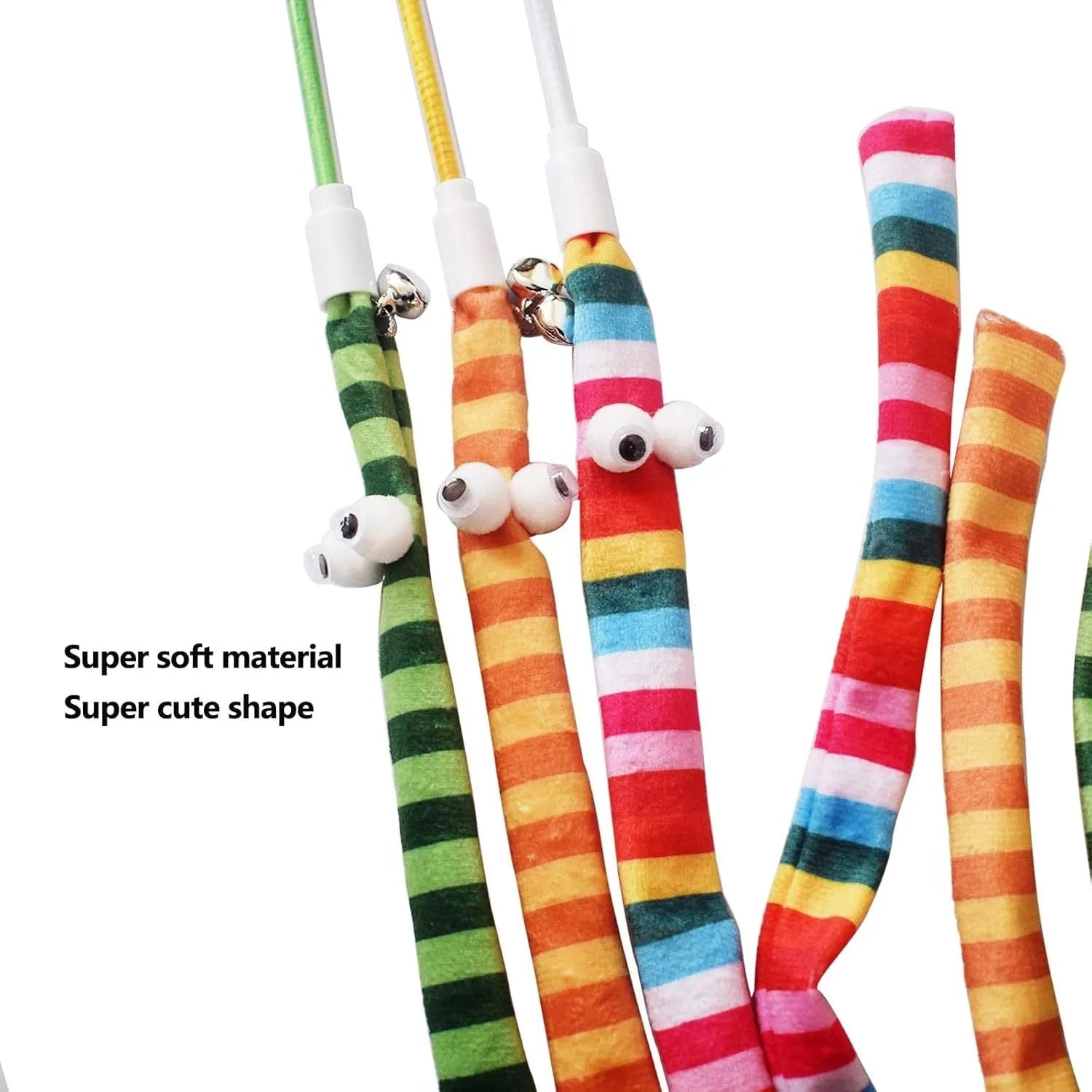 Cat wand toy with polycarbonate pole and long plush strip in green, orange, or rainbow colours