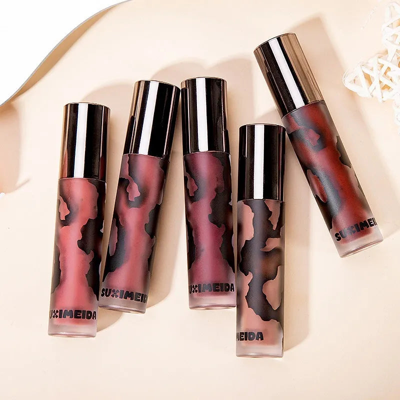 Lava Secret Matte Lip Mud Lipstick tube in shades orange brown coffee, cool grey, cinnamon coffee, jujube red, smoked purple.