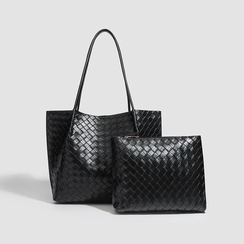 Women's PU tote bag in Black New with woven front detail and short handles